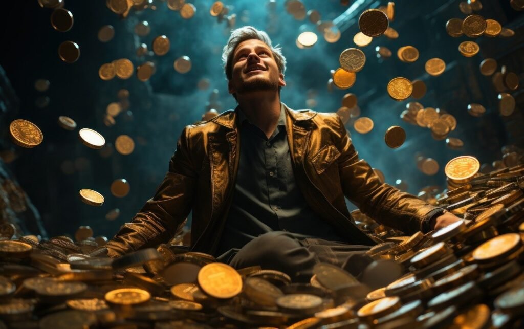 a man sitting in a pile of coins